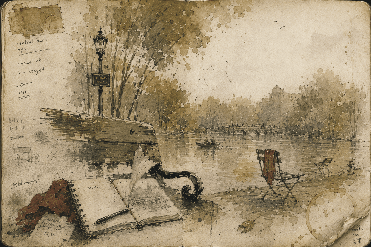 Watercolor field journal sketch of Central Park — lake, bench, Literary Walk lamp post, and a coffee cart receipt