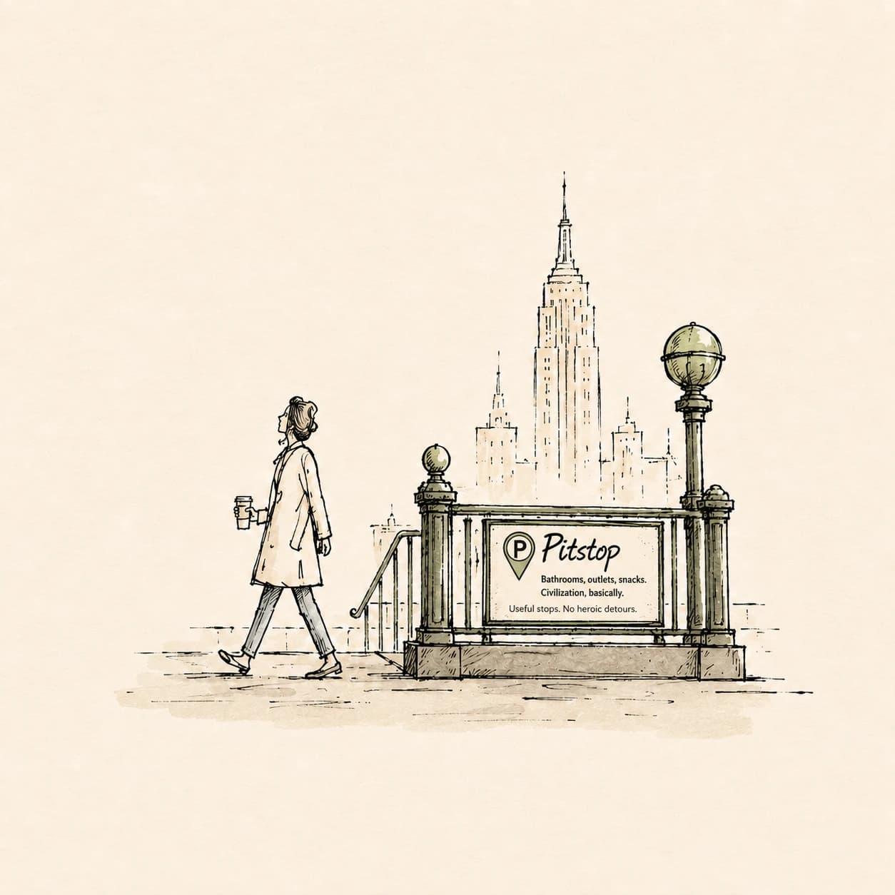 Café storefront sketch with Pitstop sticker