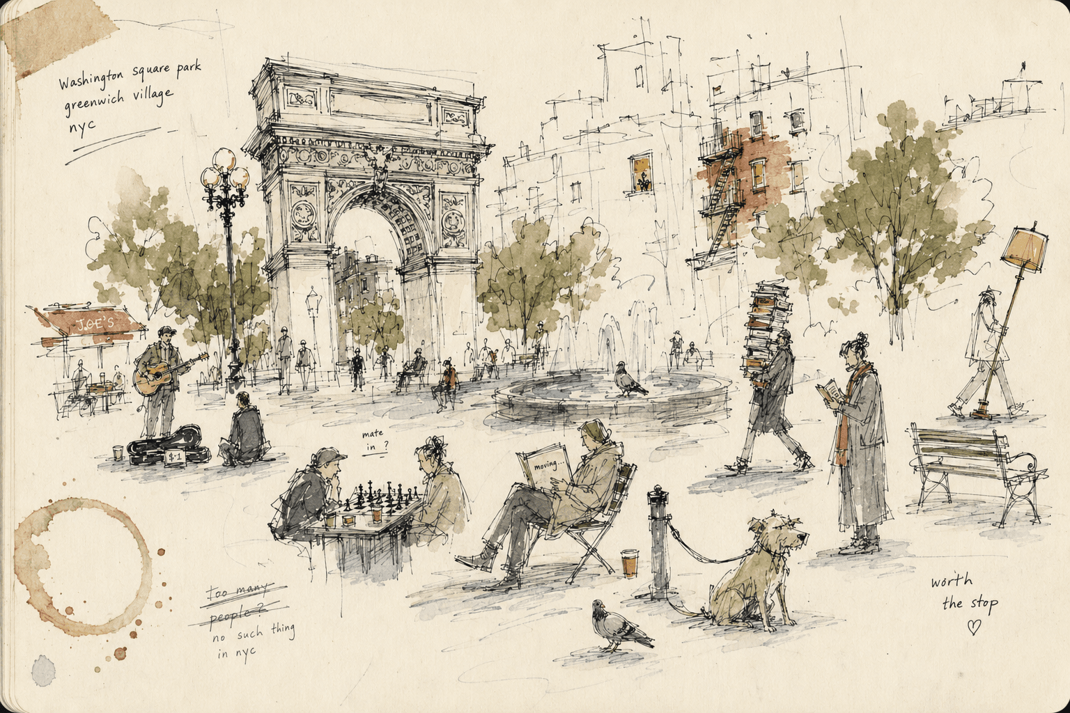Ink and watercolor sketch of Washington Square Park — chess players, a busker, the arch, and everyday NYC life