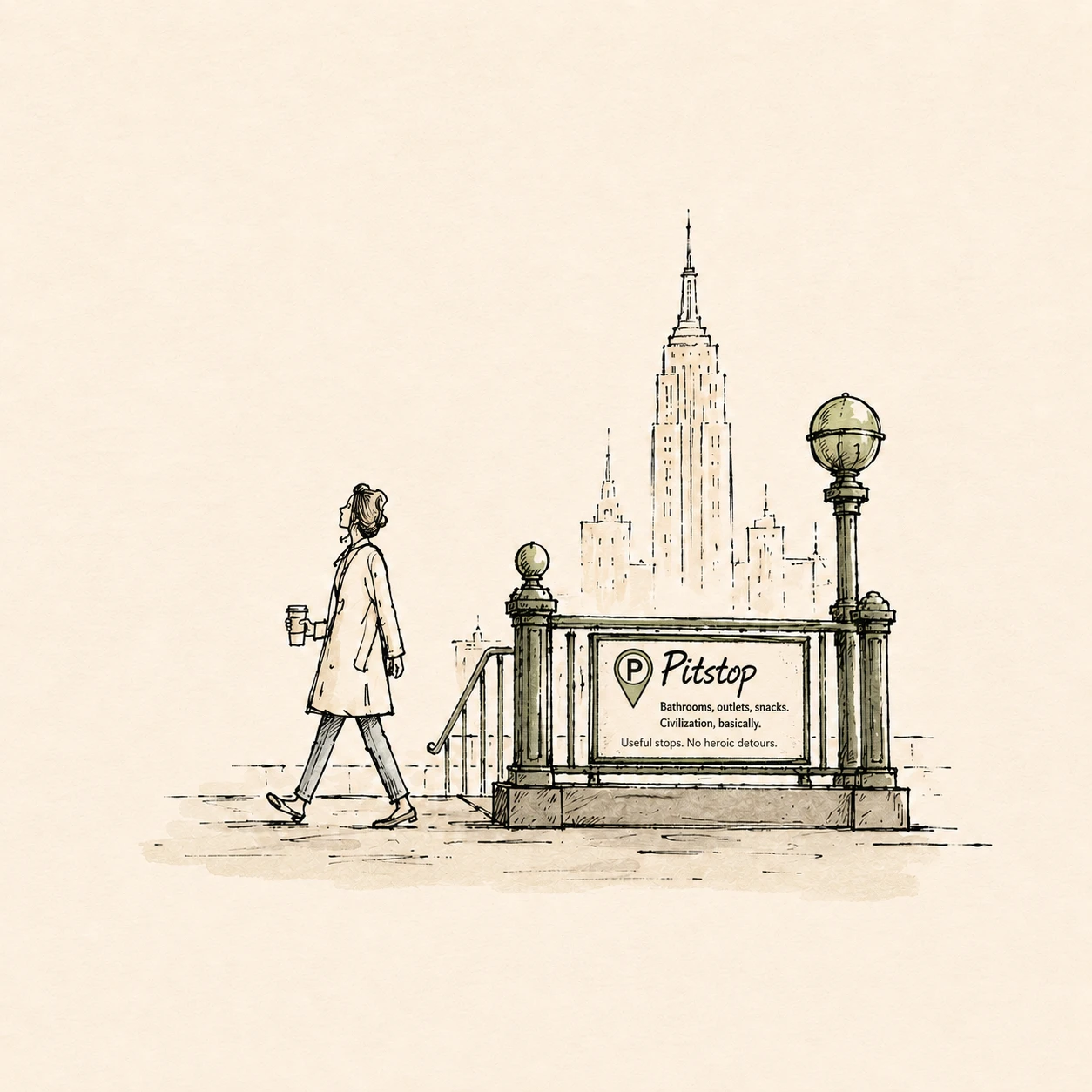 A commuter walks past a Pitstop-branded NYC subway entrance — the Empire State Building rises behind her